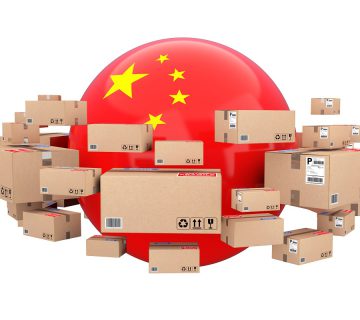 Global shipping logistic concept sphere with china flag surrounded by cardboard boxes with parcel goods white background 3d rendering 360x320