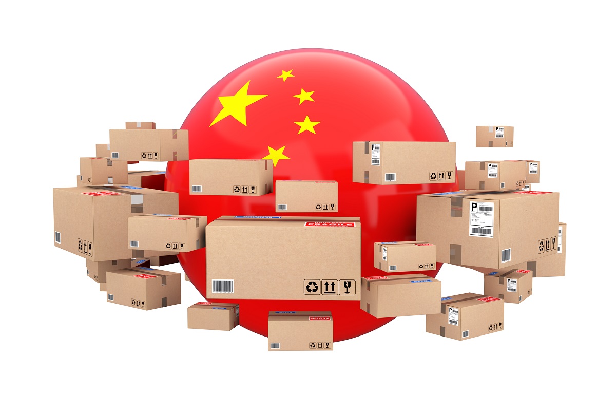 Global shipping logistic concept sphere with china flag surrounded by cardboard boxes with parcel goods white background 3d rendering
